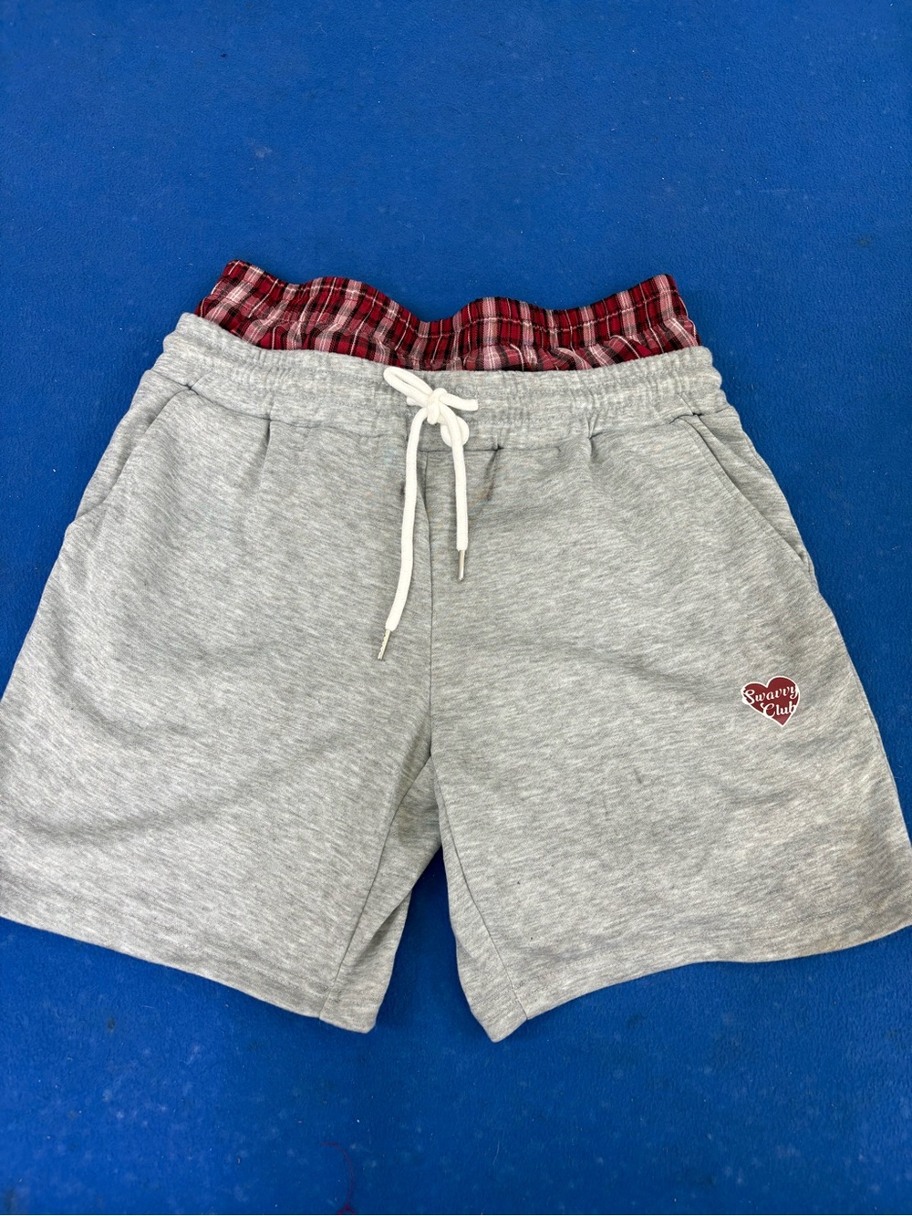 Gray Sweat Shorts with Red Plaid Waistband - Brand Not Visible